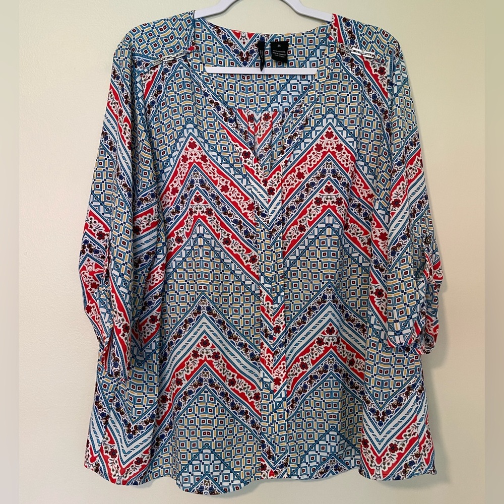 New Directions Geometric Floral Print Colorful 3/4 Sleeve Blouse